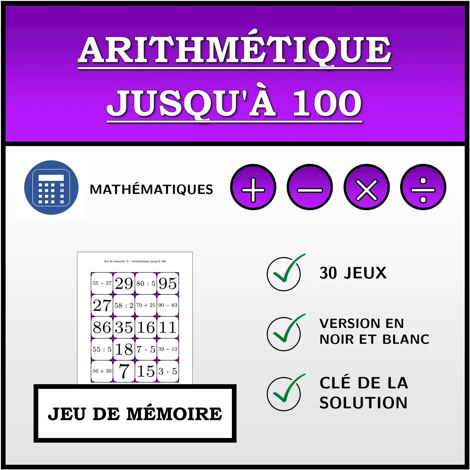 Jeu de mémoire: Arithmétique jusqu'à 100