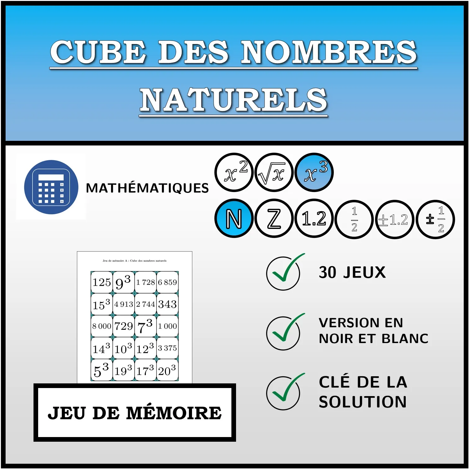 Jeu de mémoire: Cube des nombres naturels