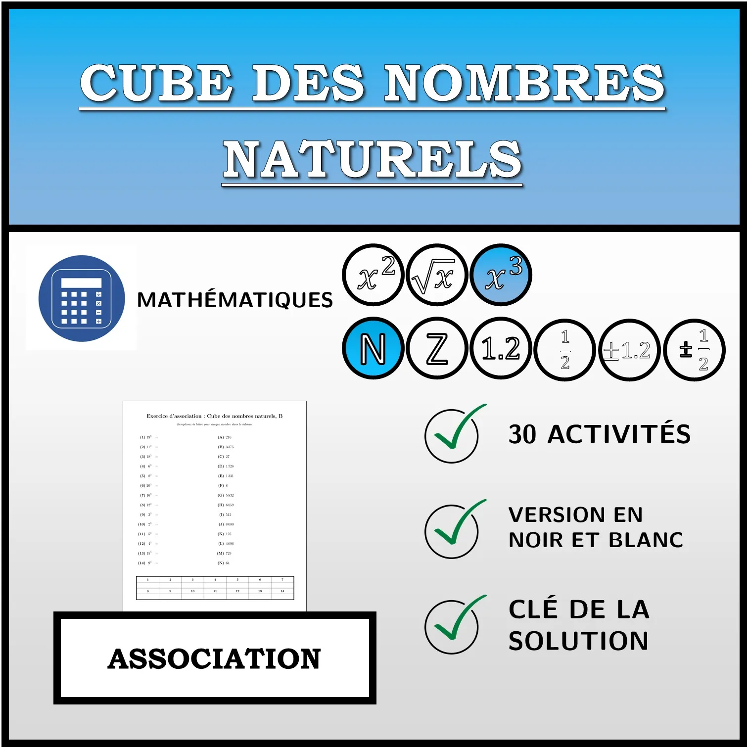 Exercice d'association: Cube des nombres naturels