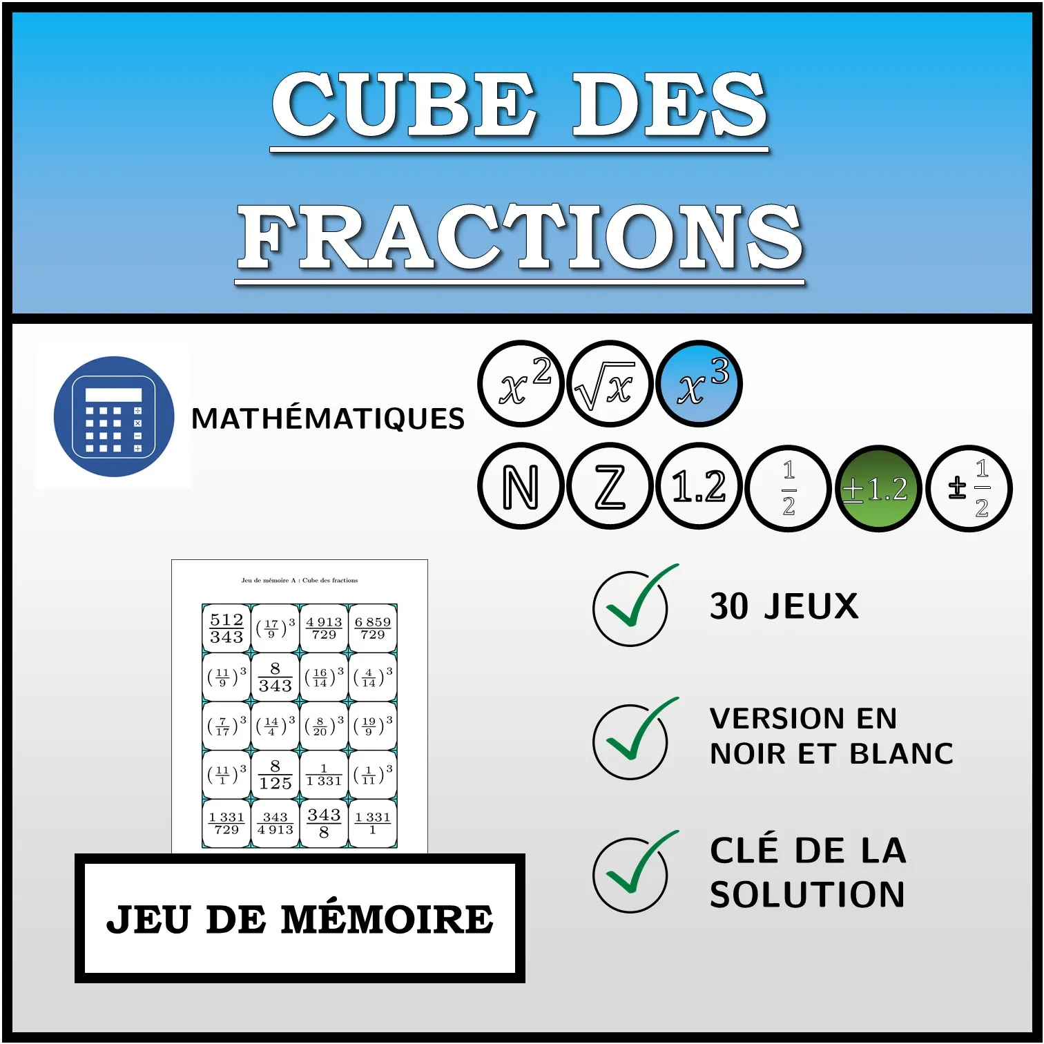 Jeu de mémoire: Cube des fractions