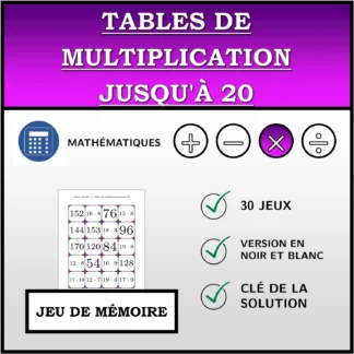 Jeu de mémoire: Tables de multiplication jusqu'à 20