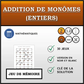 Jeu de mémoire: Addition de monômes (entiers)
