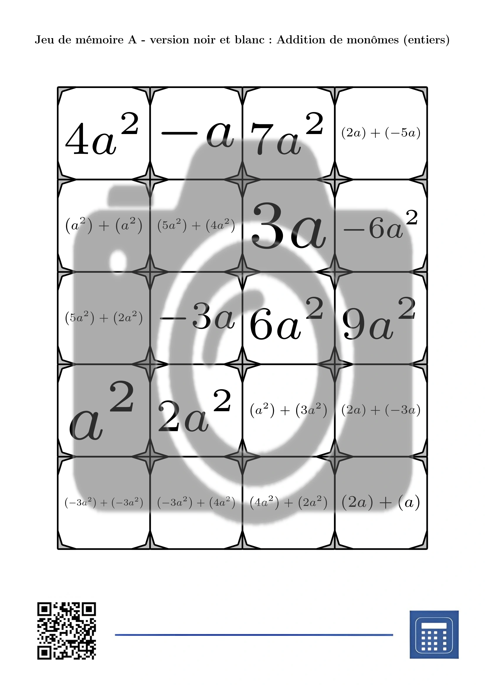 Jeu de mémoire: Addition de monômes (entiers) – Image 3