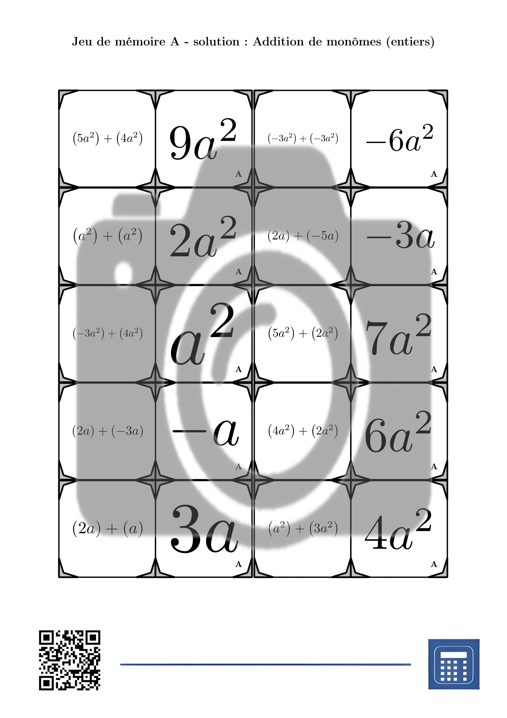Jeu de mémoire: Addition de monômes (entiers) – Image 4