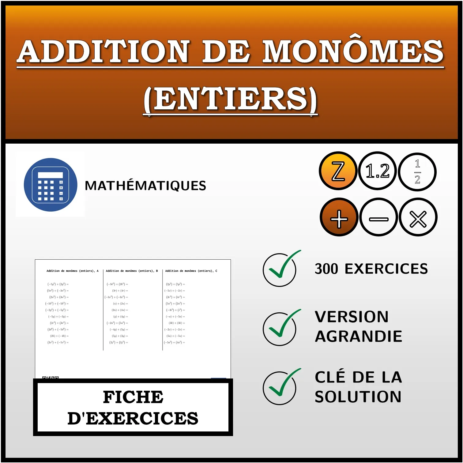 Fiche d'exercices: Addition de monômes (entiers)