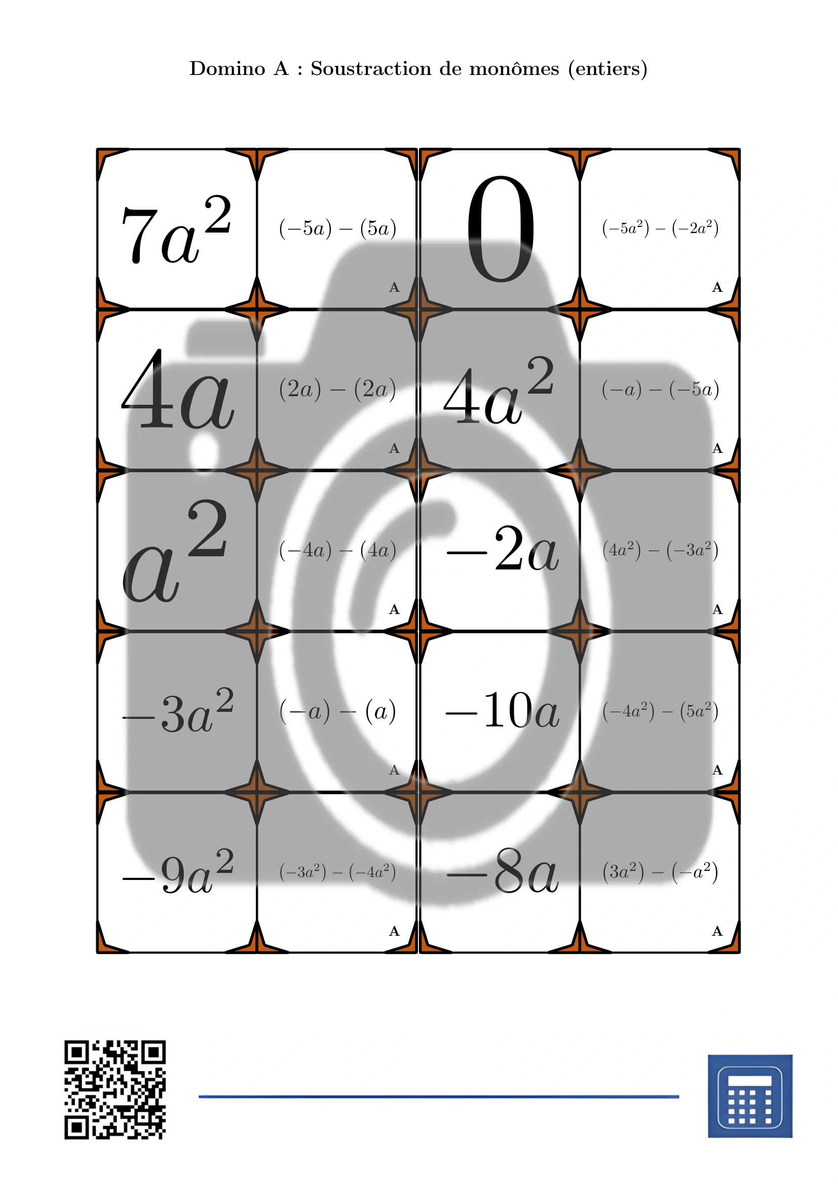 Domino: Soustraction de monômes (entiers) – Image 2