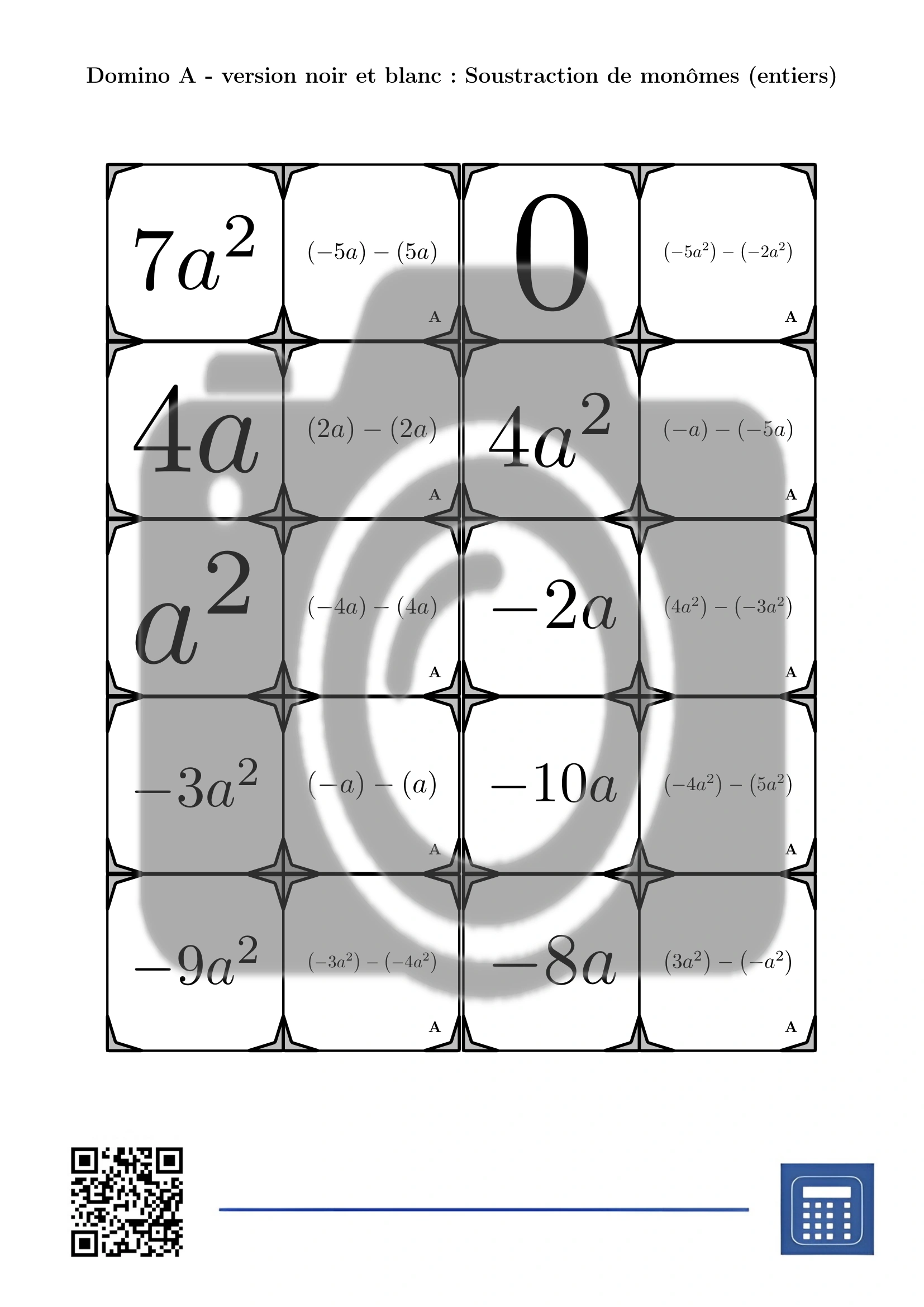 Domino: Soustraction de monômes (entiers) – Image 3