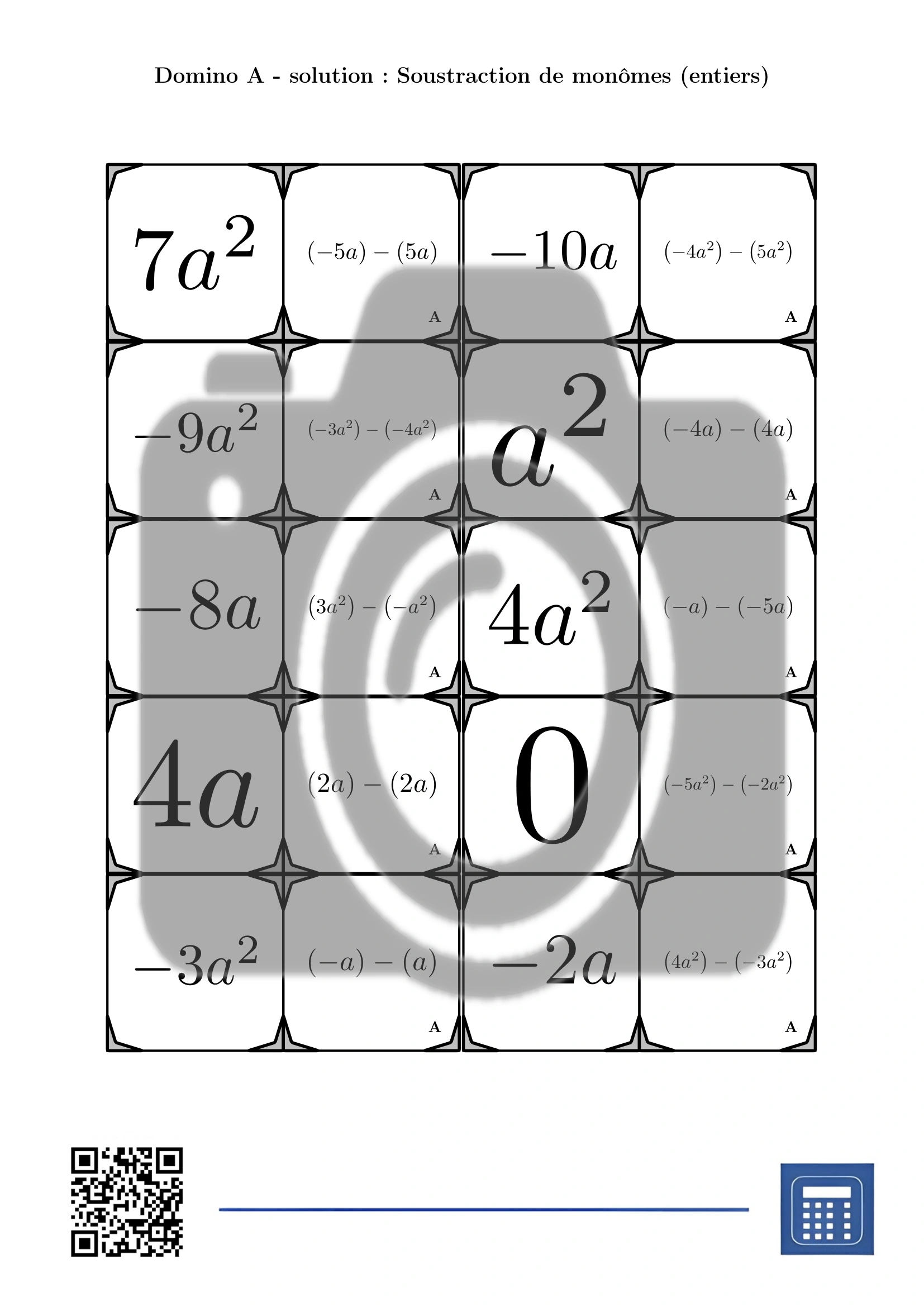Domino: Soustraction de monômes (entiers) – Image 4