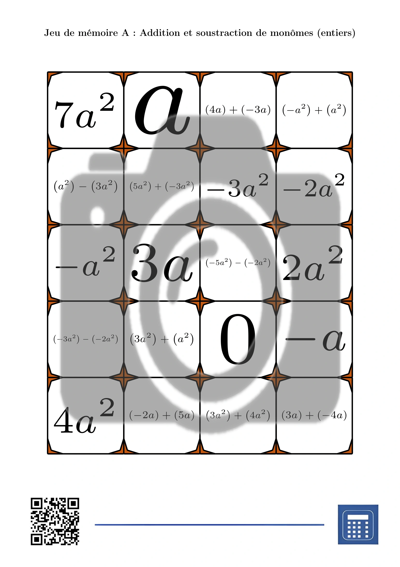 Jeu de mémoire: Addition et soustraction de monômes (entiers) – Image 2