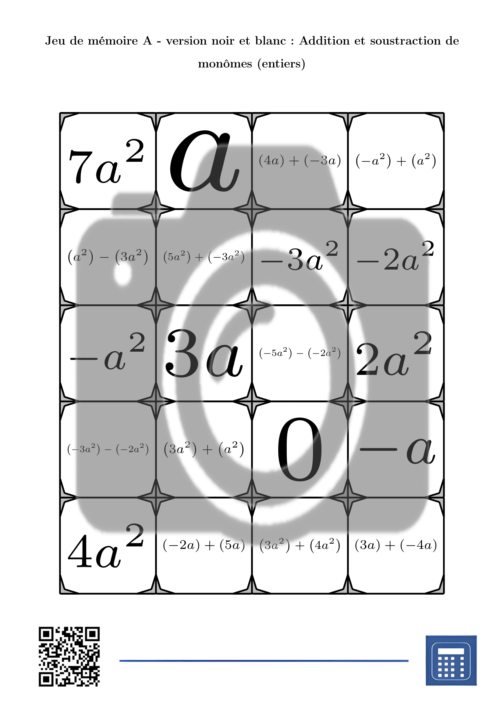 Jeu de mémoire: Addition et soustraction de monômes (entiers) – Image 3