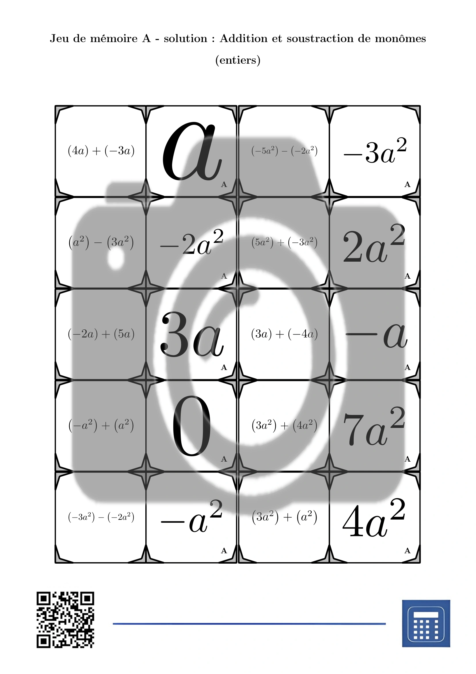 Jeu de mémoire: Addition et soustraction de monômes (entiers) – Image 4