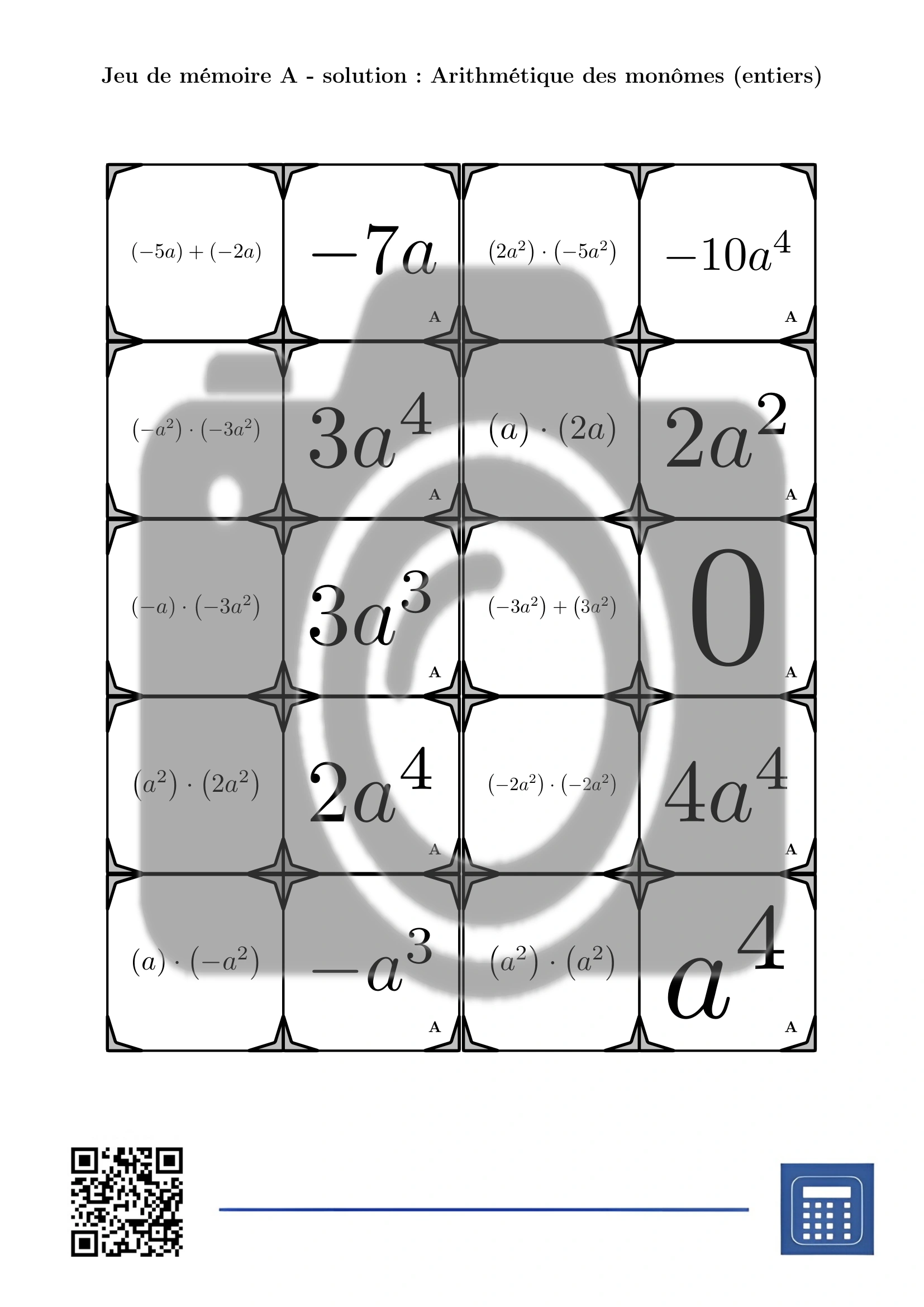 Jeu de mémoire: Arithmétique des monômes (entiers) – Image 4