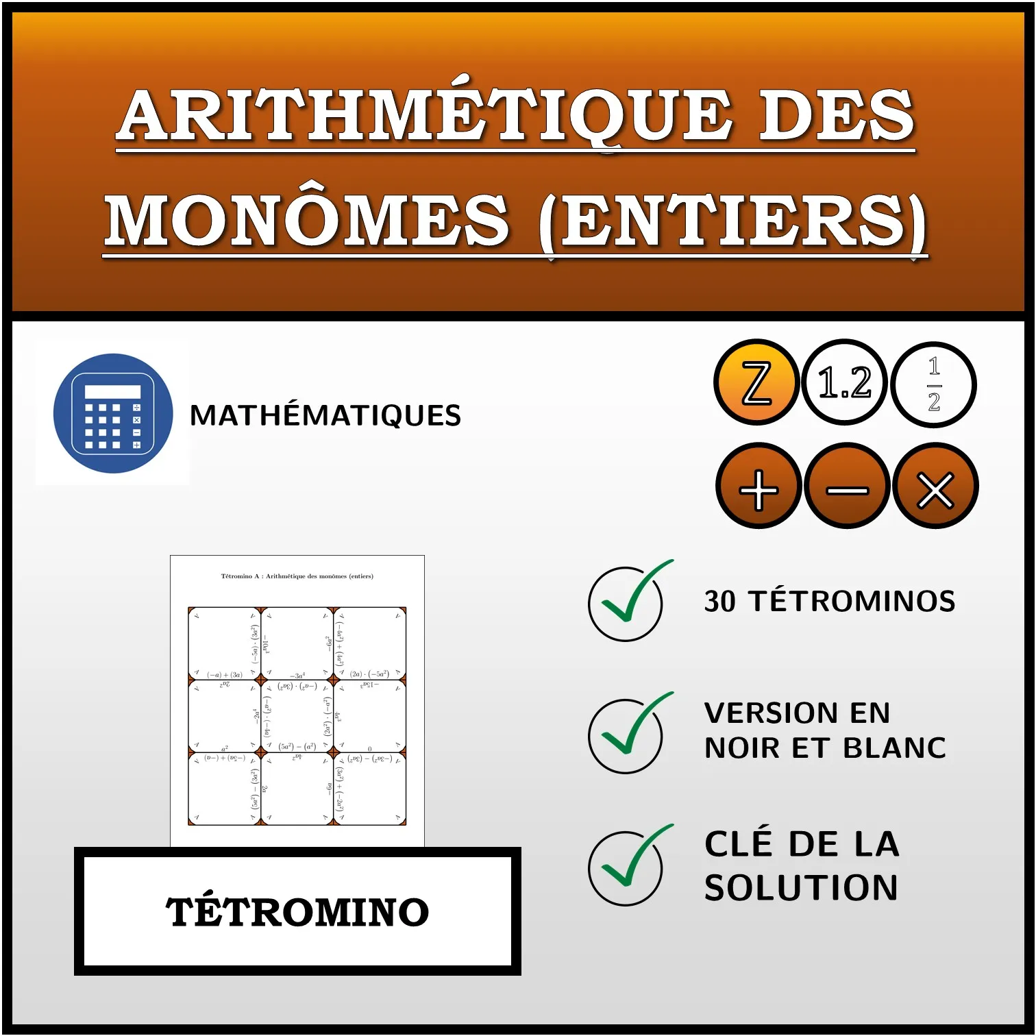 Tétromino: Arithmétique des monômes (entiers)