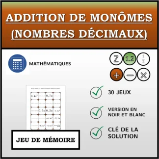 Jeu de mémoire: Addition de monômes (nombres décimaux)