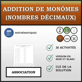 Exercice d'association: Addition de monômes (nombres décimaux)