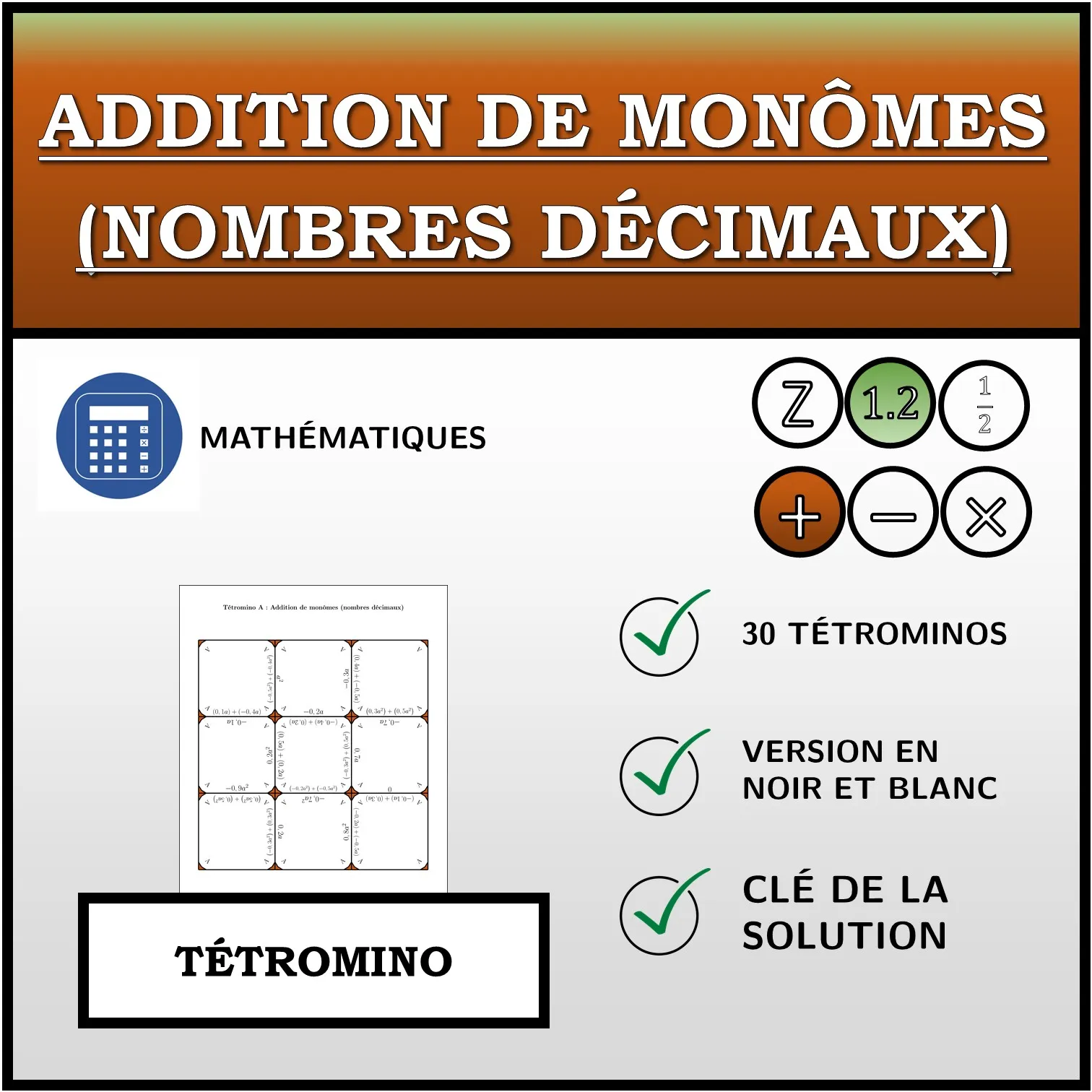 Tétromino: Addition de monômes (nombres décimaux)