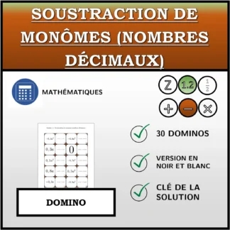 Domino: Soustraction de monômes (nombres décimaux)