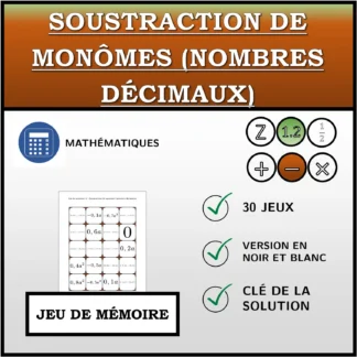 Jeu de mémoire: Soustraction de monômes (nombres décimaux)