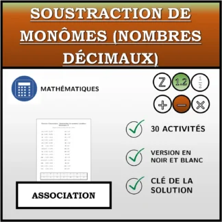 Exercice d'association: Soustraction de monômes (nombres décimaux)