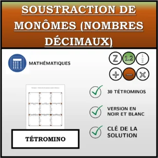 Tétromino: Soustraction de monômes (nombres décimaux)