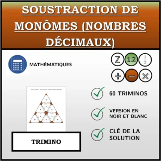 Trimino: Soustraction de monômes (nombres décimaux)