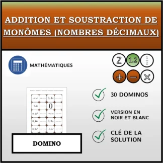Domino: Addition et soustraction de monômes (nombres décimaux)