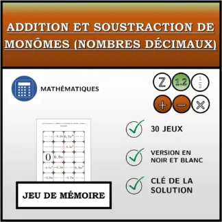 Jeu de mémoire: Addition et soustraction de monômes (nombres décimaux)