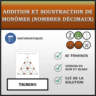 Trimino: Addition et soustraction de monômes (nombres décimaux)
