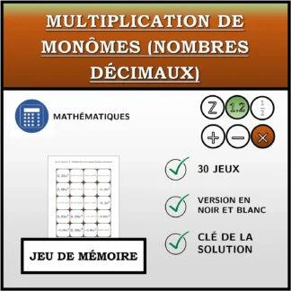 Jeu de mémoire: Multiplication de monômes (nombres décimaux)