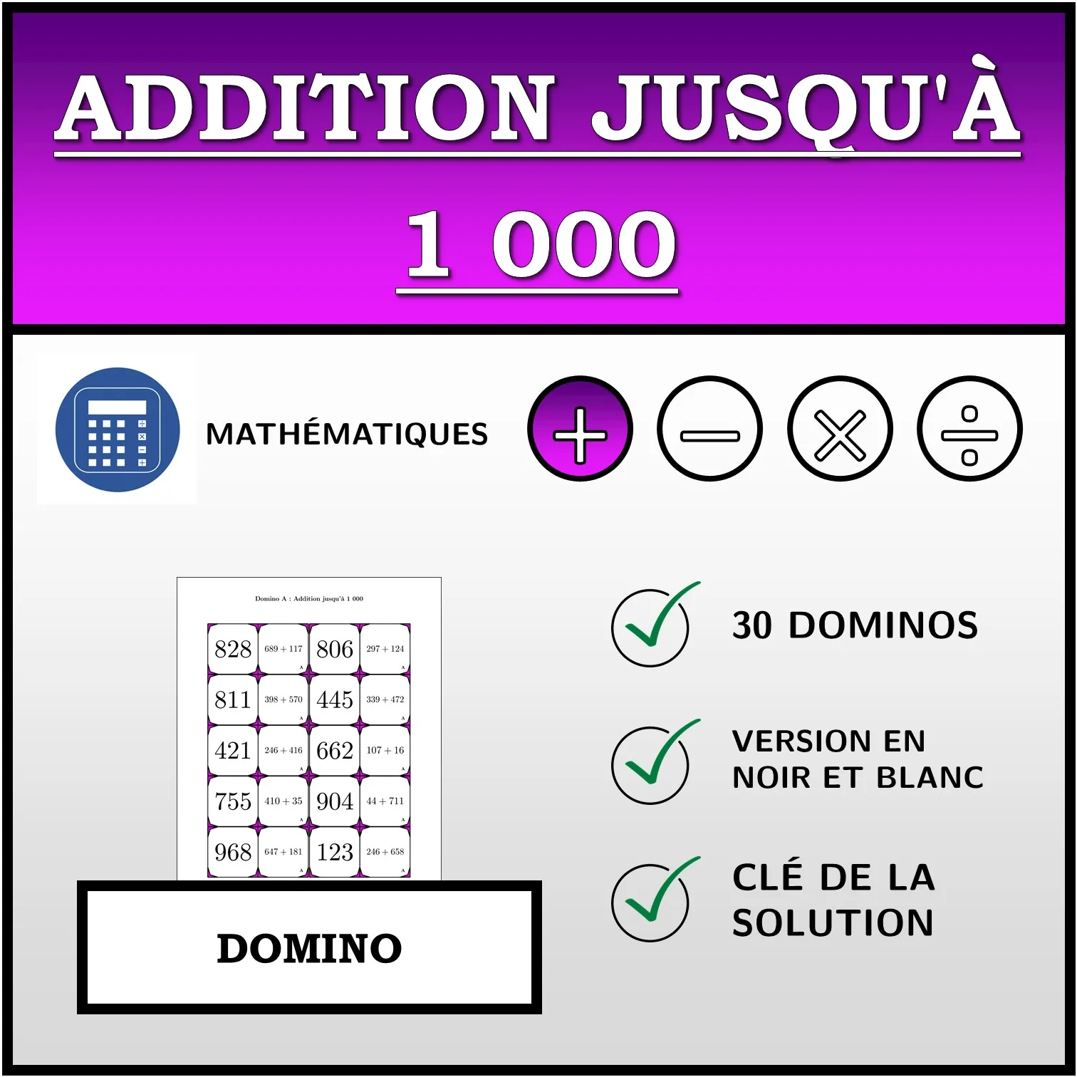 Domino: Addition jusqu'à 1 000
