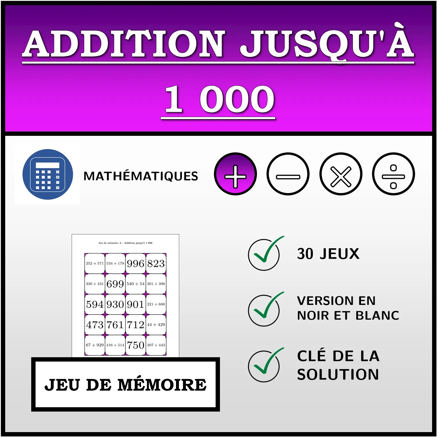 Jeu de mémoire: Addition jusqu'à 1 000