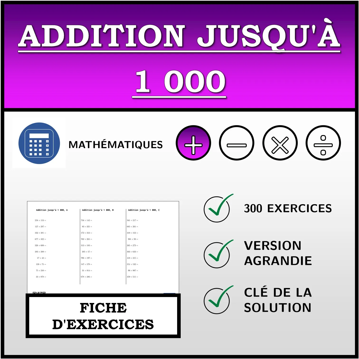 Fiche d'exercices: Addition jusqu'à 1 000
