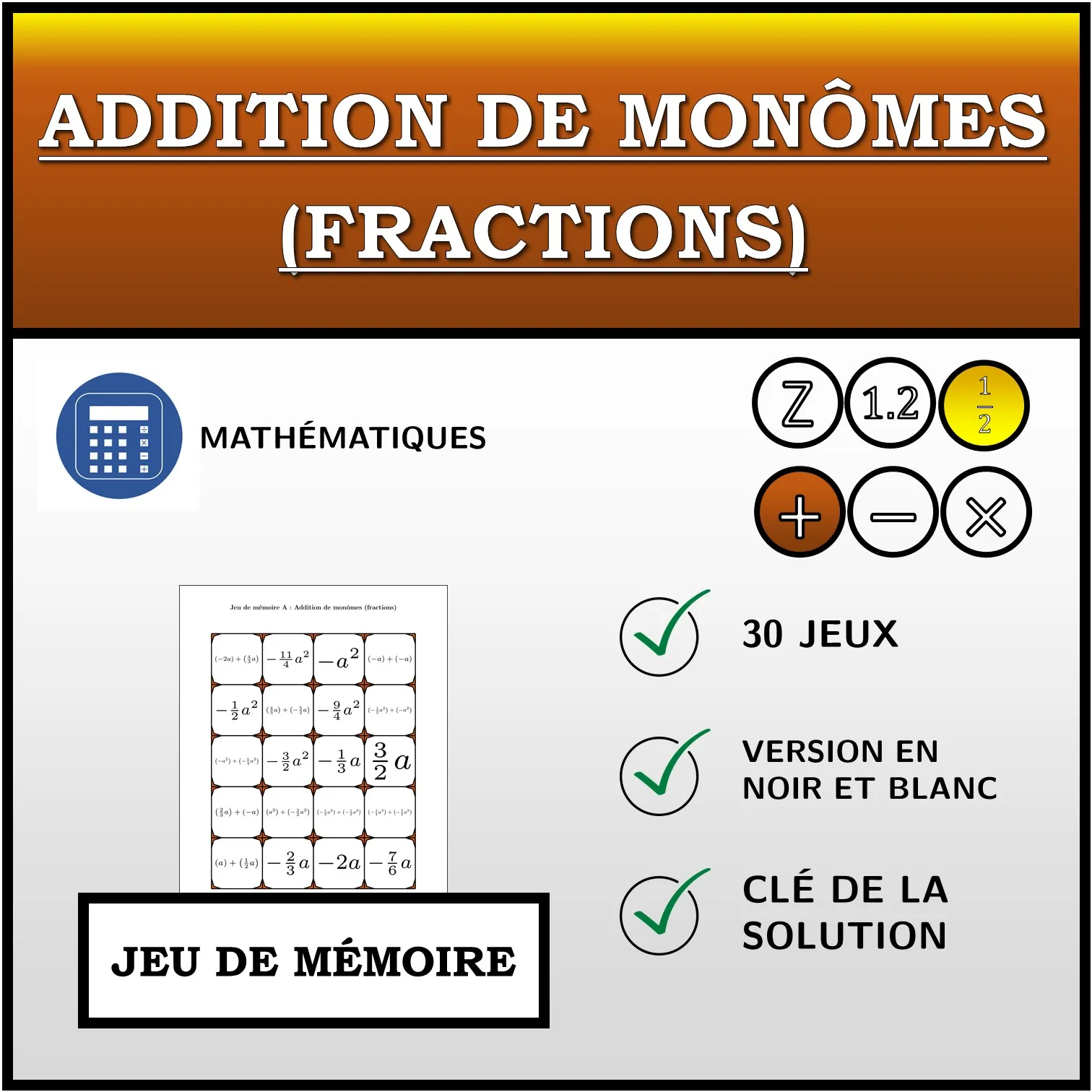 Jeu de mémoire: Addition de monômes (fractions)
