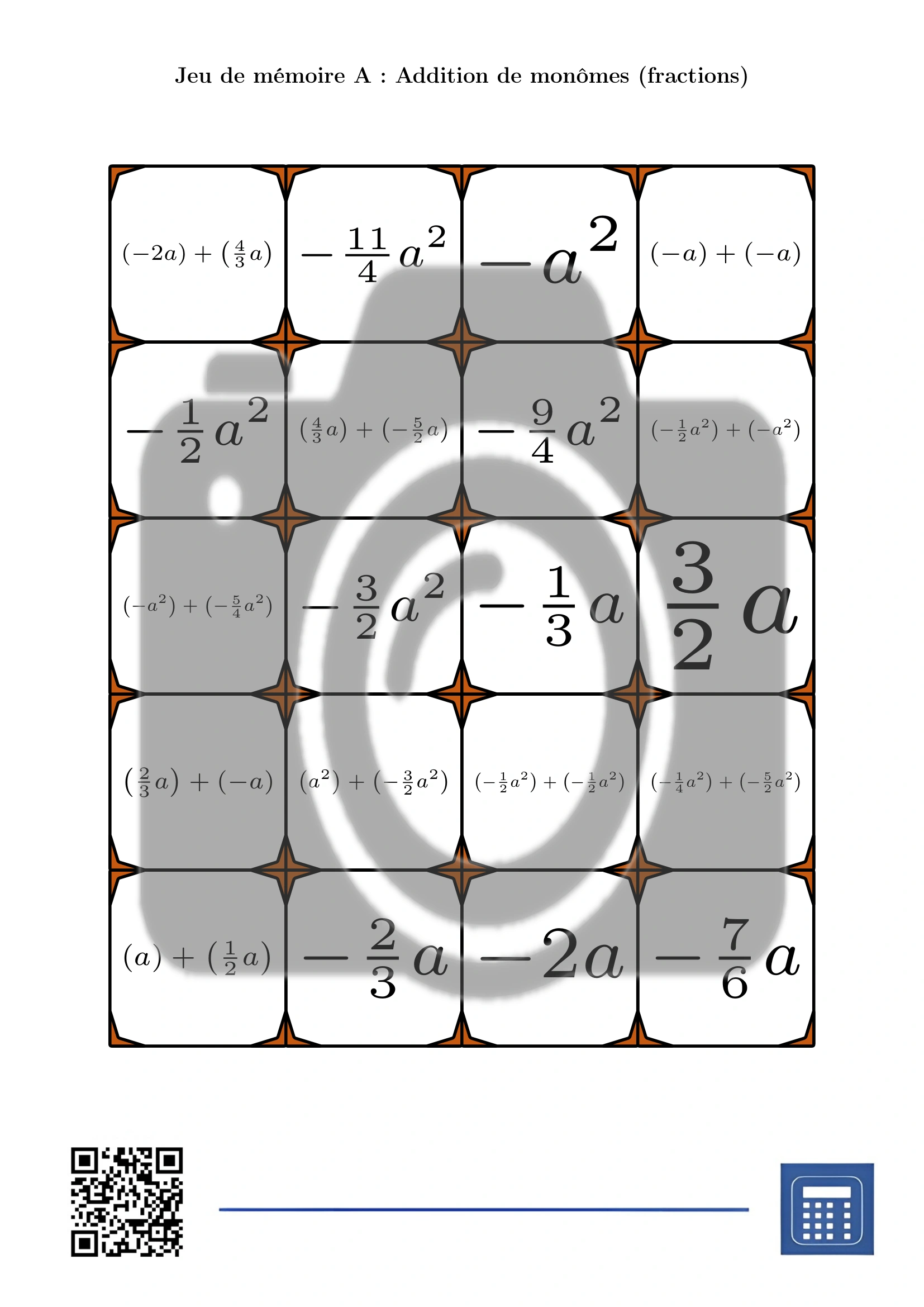 Jeu de mémoire: Addition de monômes (fractions) – Image 2
