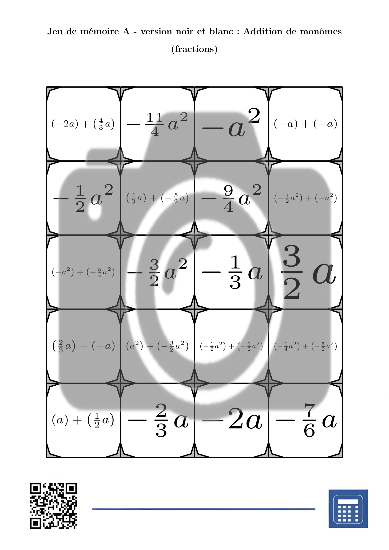 Jeu de mémoire: Addition de monômes (fractions) – Image 3