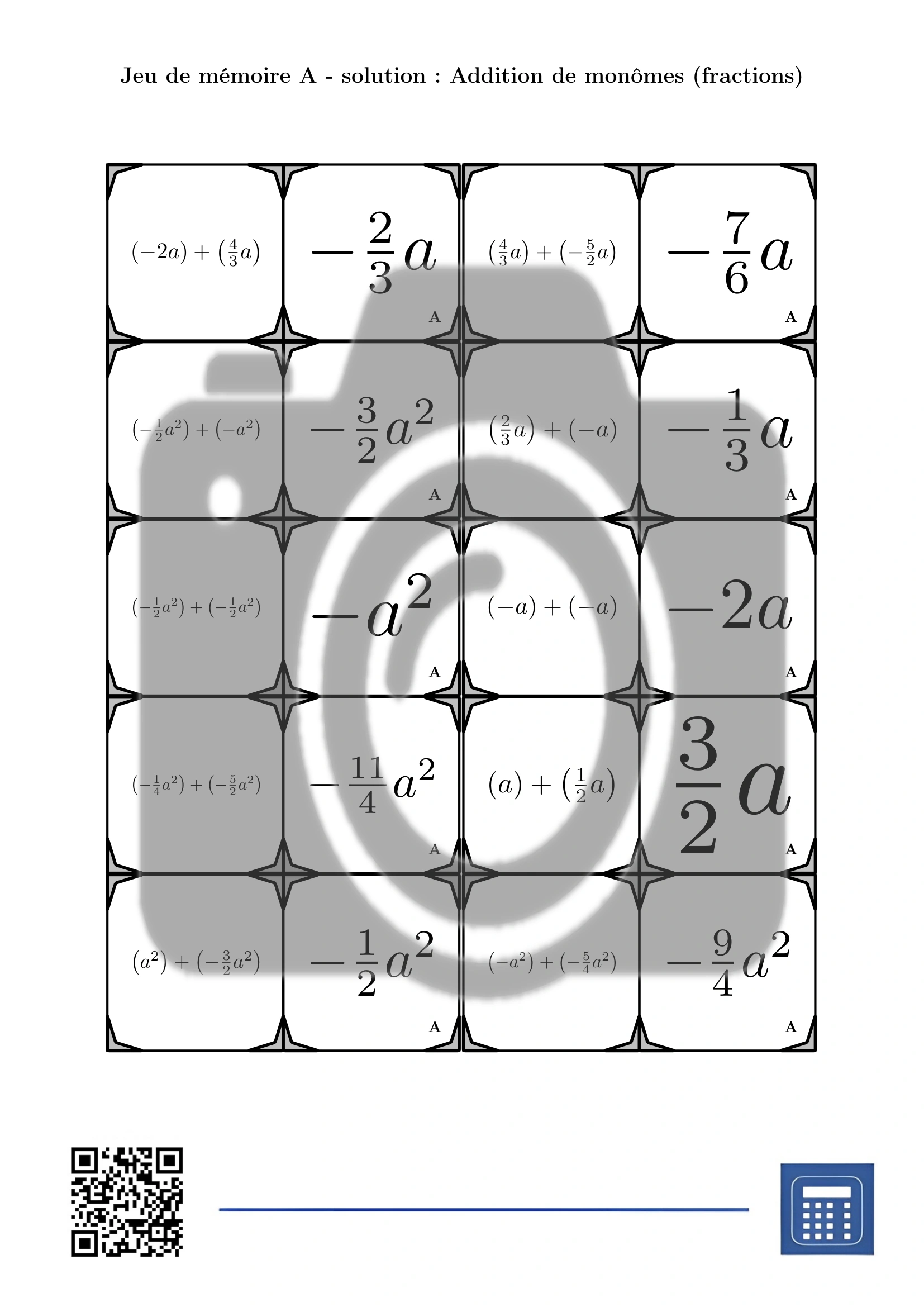 Jeu de mémoire: Addition de monômes (fractions) – Image 4