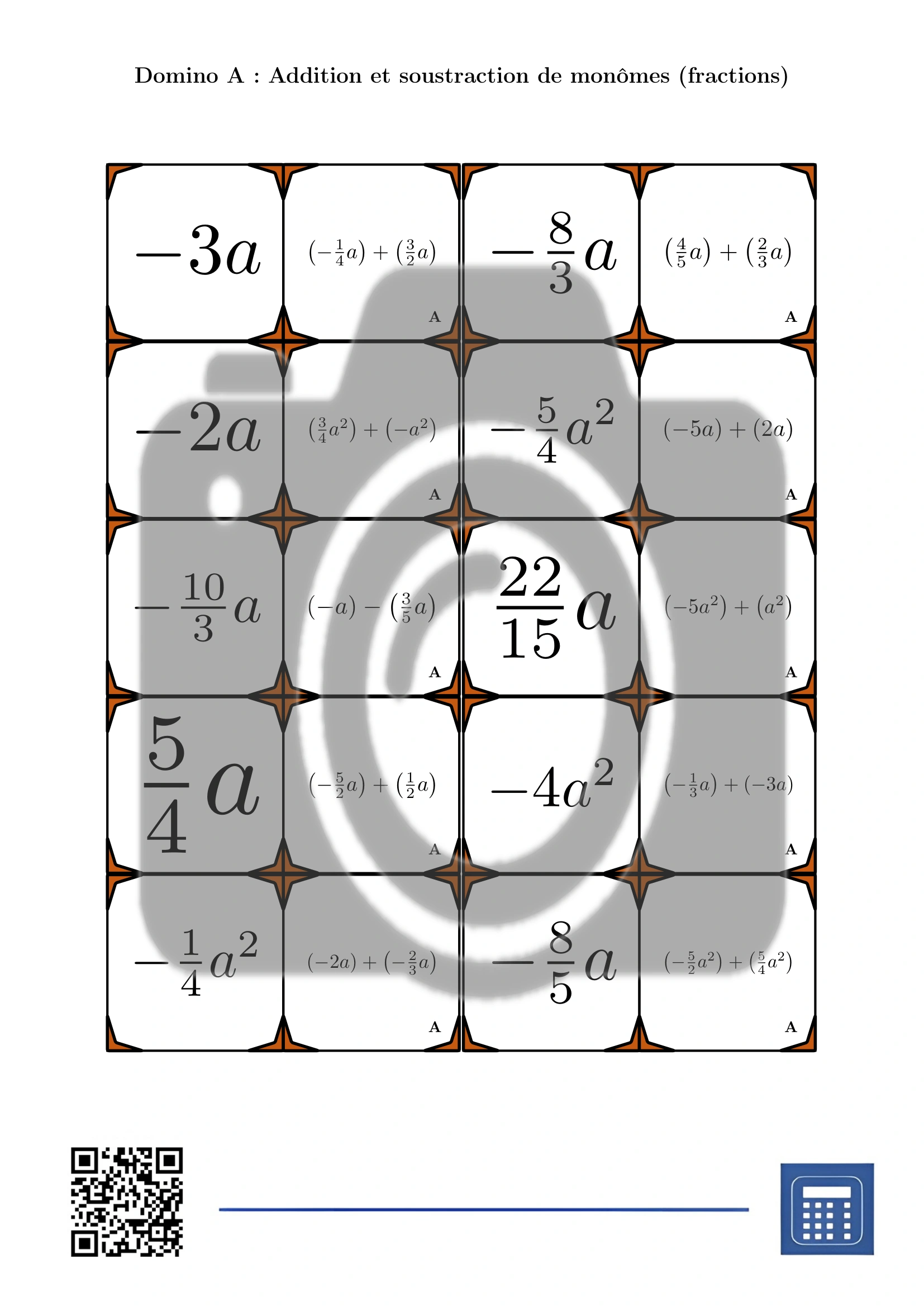 Domino: Addition et soustraction de monômes (fractions) – Image 2