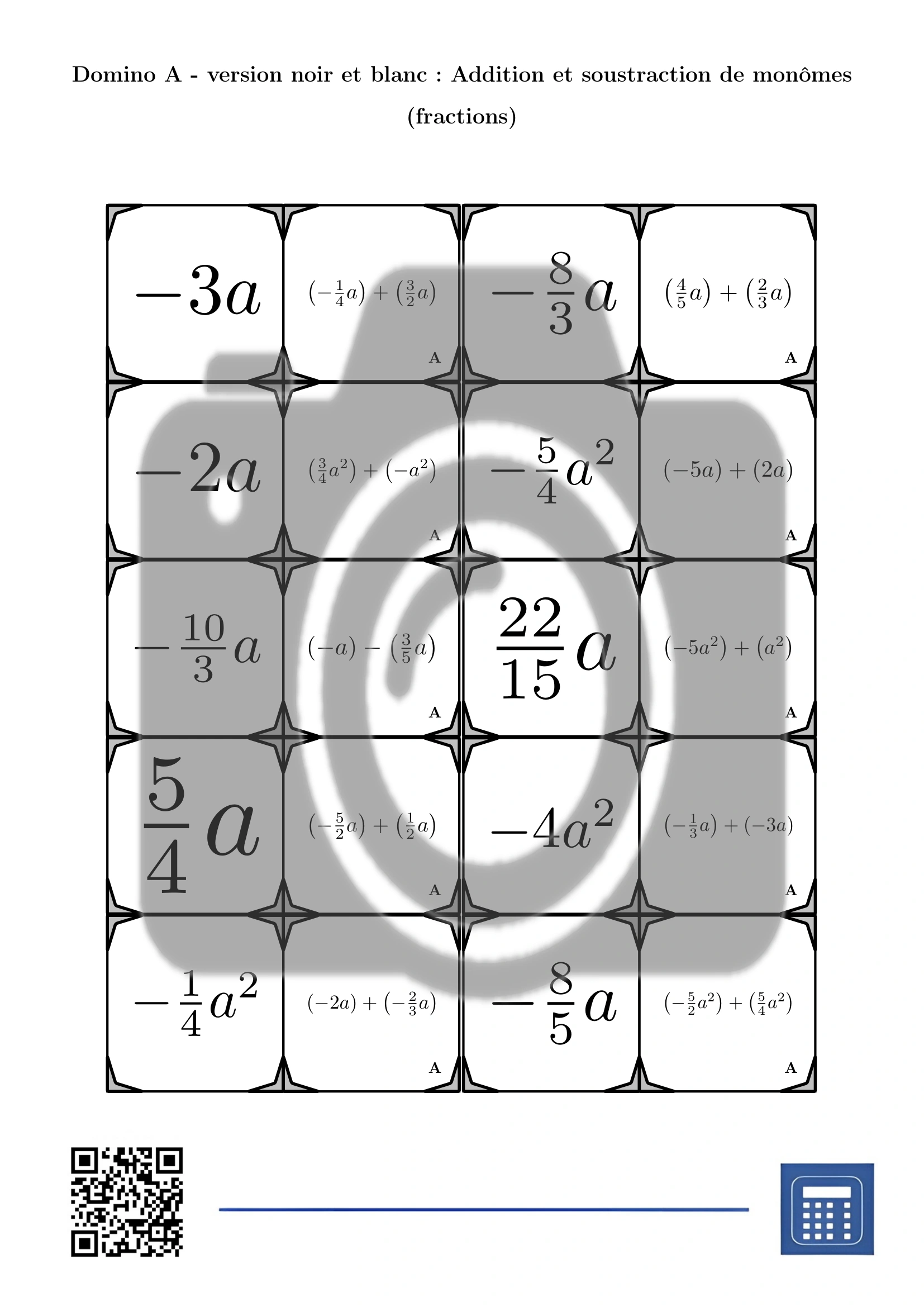 Domino: Addition et soustraction de monômes (fractions) – Image 3