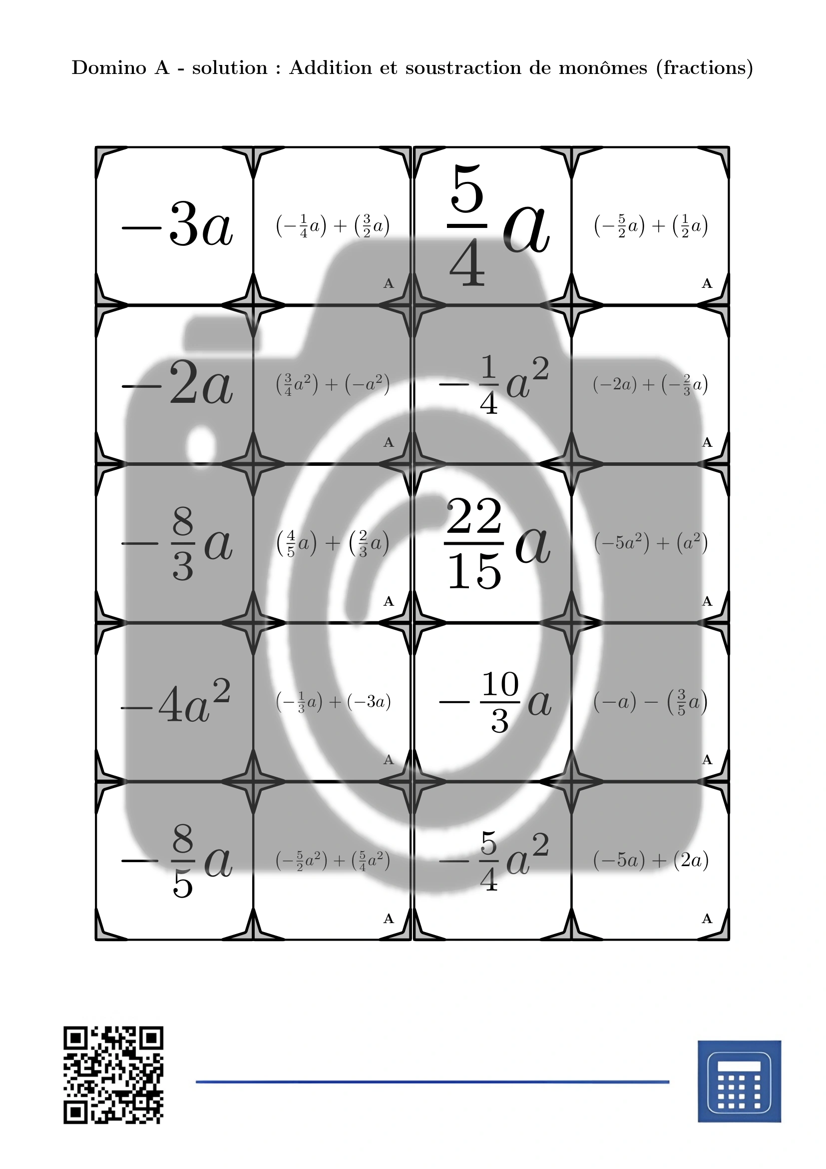 Domino: Addition et soustraction de monômes (fractions) – Image 4