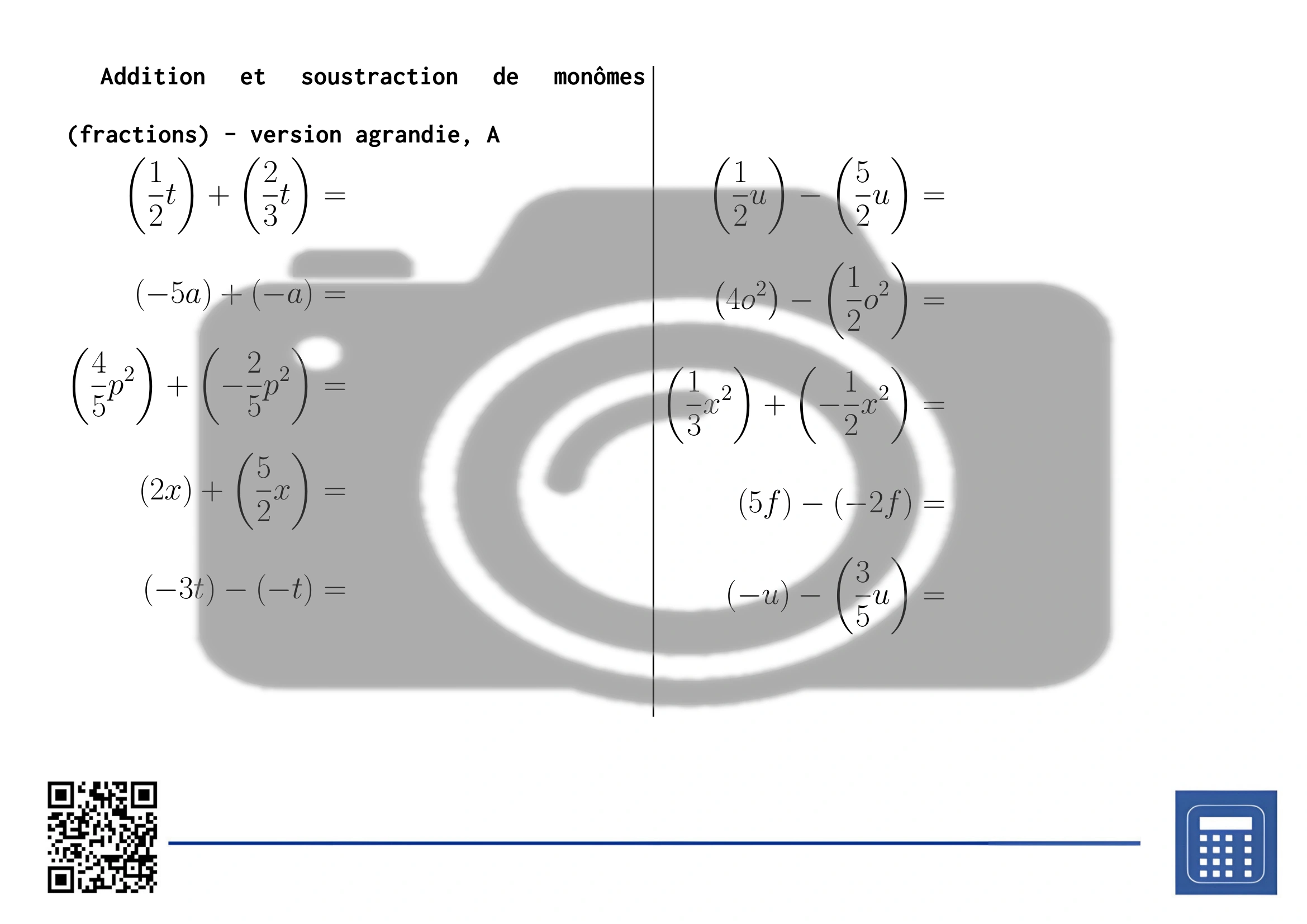 Fiche d'exercices: Addition et soustraction de monômes (fractions) – Image 3