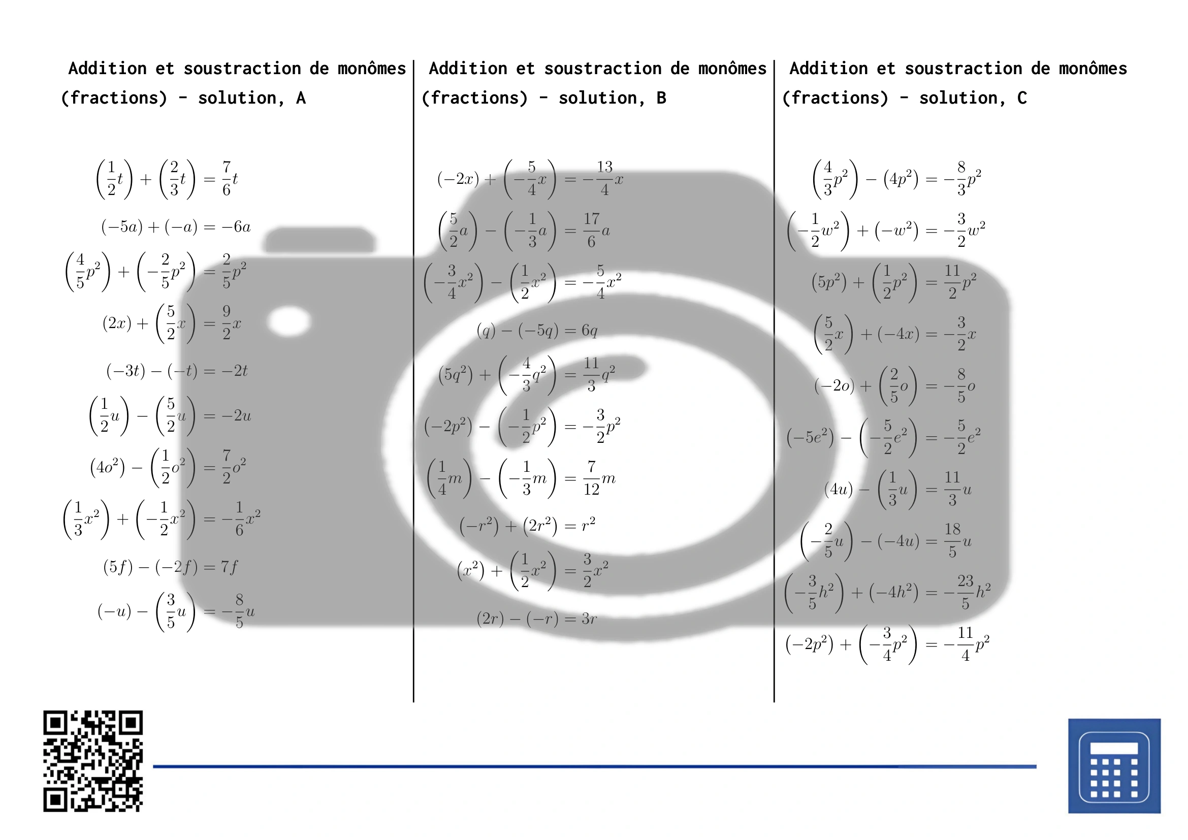 Fiche d'exercices: Addition et soustraction de monômes (fractions) – Image 4