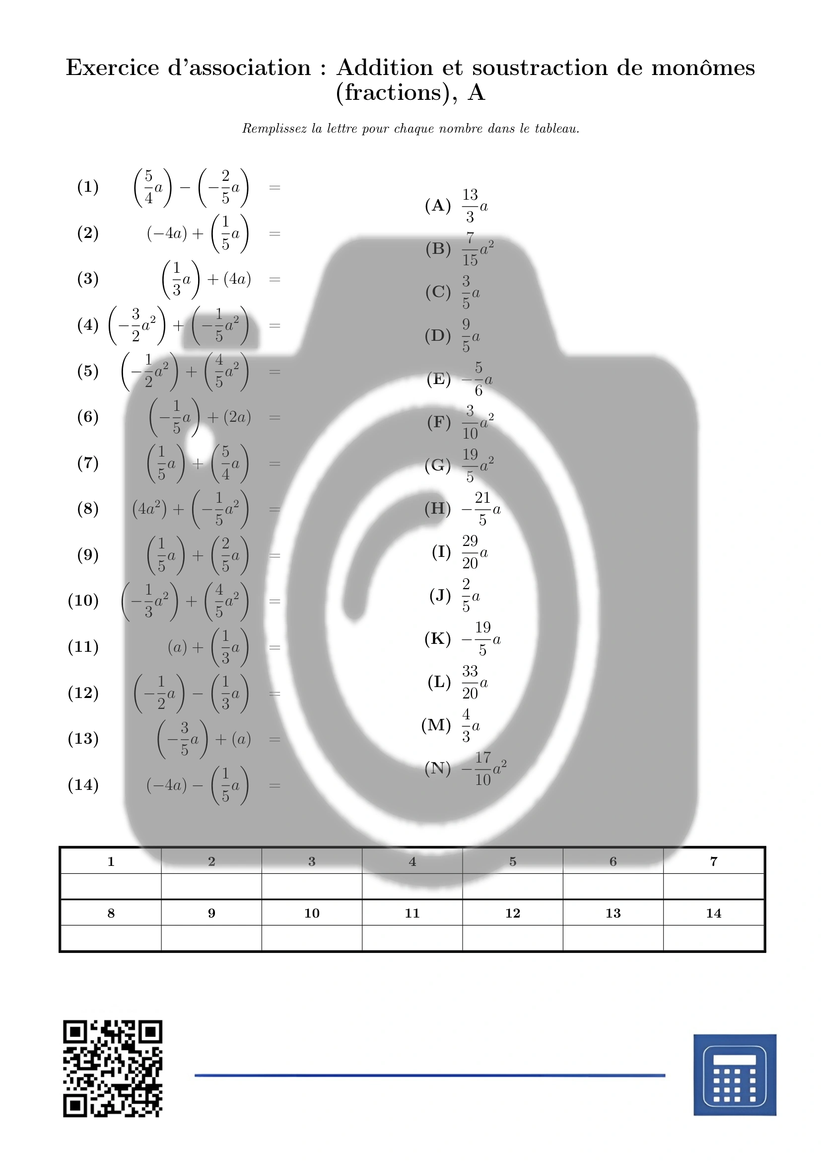 Exercice d'association: Addition et soustraction de monômes (fractions) – Image 2