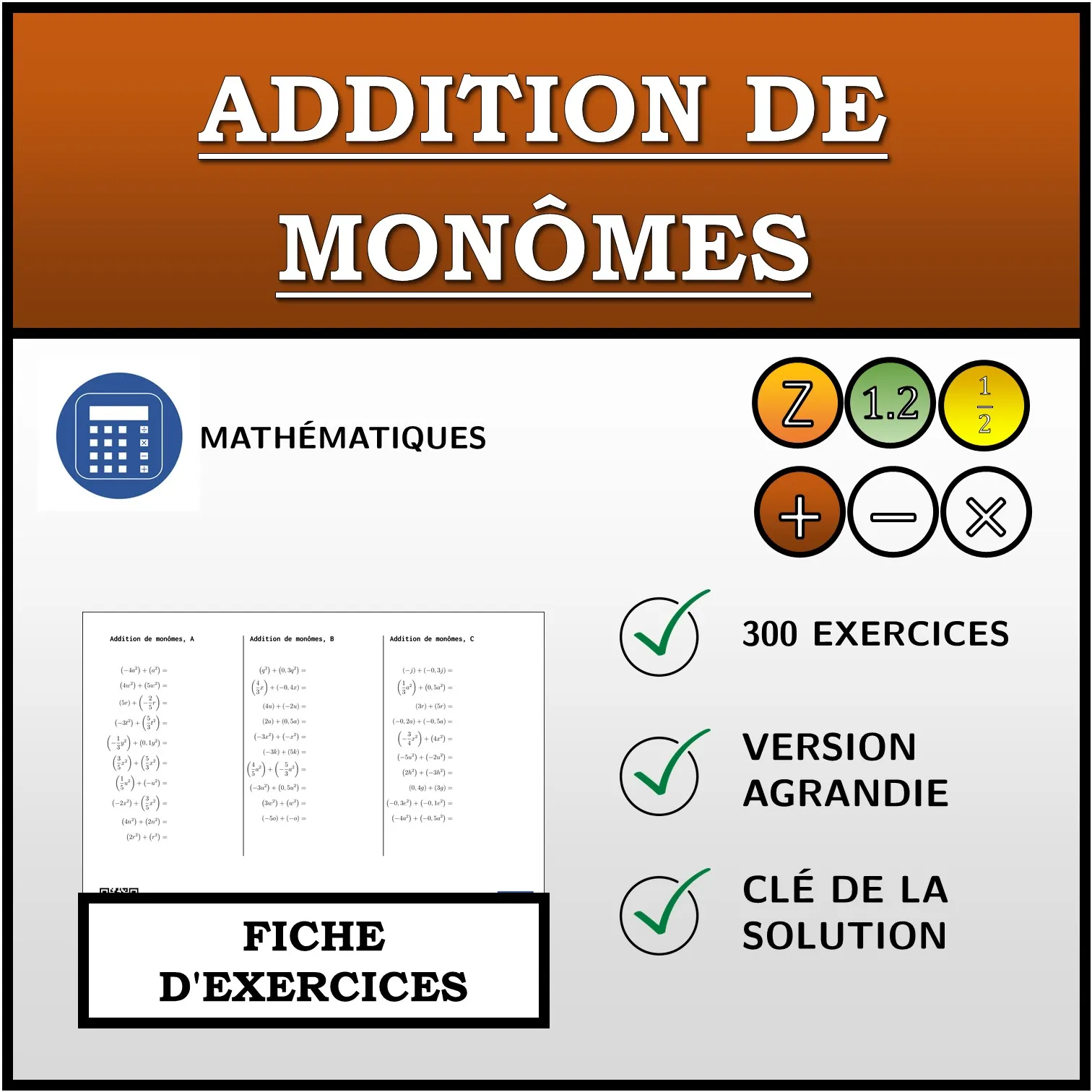 Fiche d'exercices: Addition de monômes