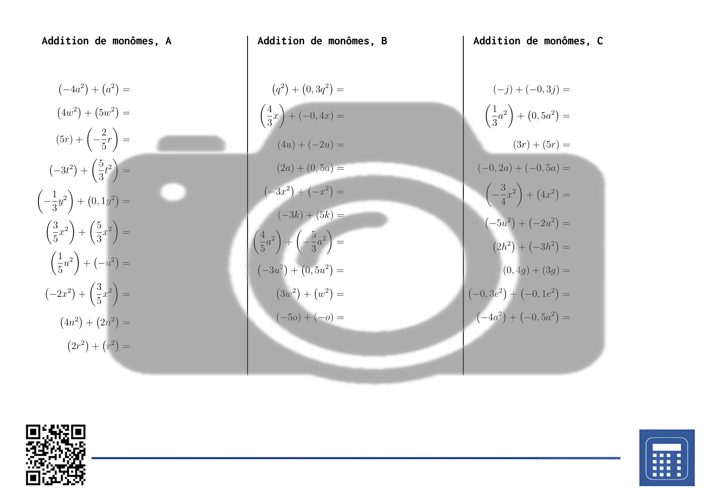 Fiche d'exercices: Addition de monômes – Image 2
