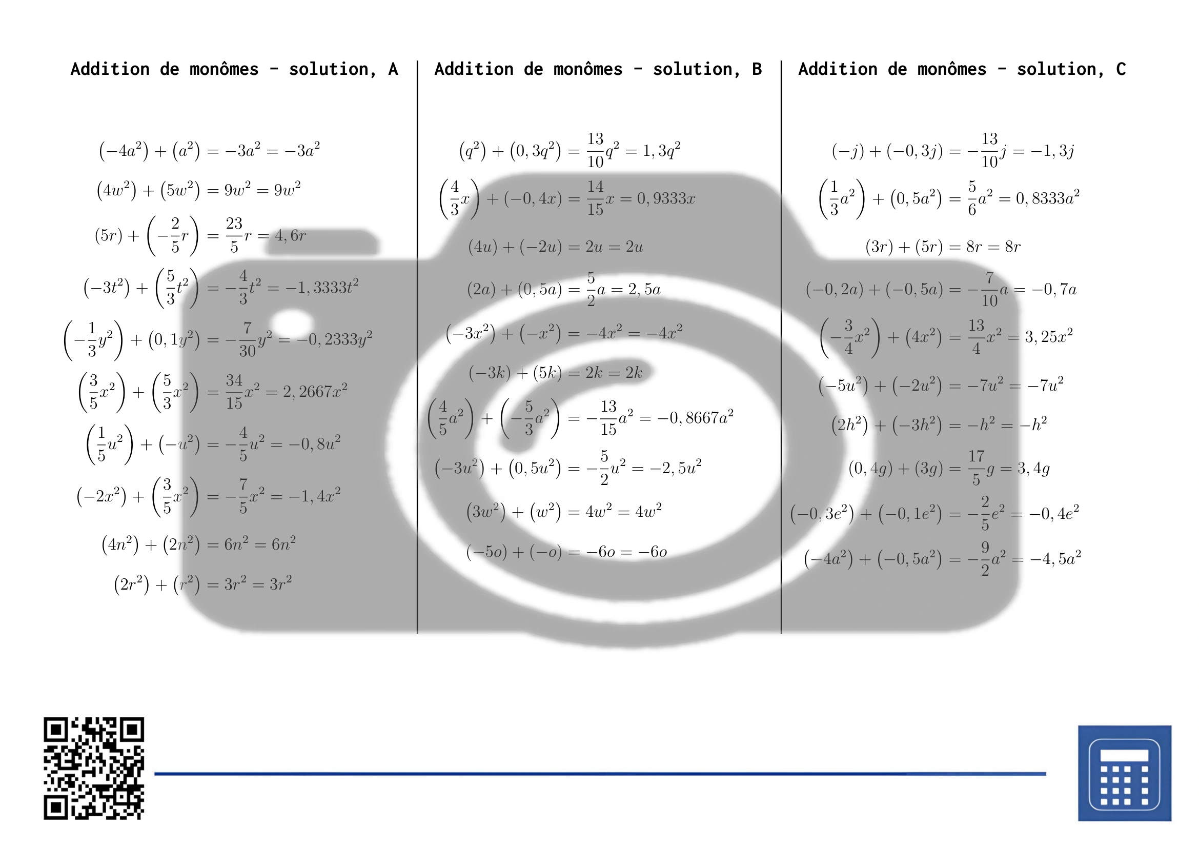 Fiche d'exercices: Addition de monômes – Image 4