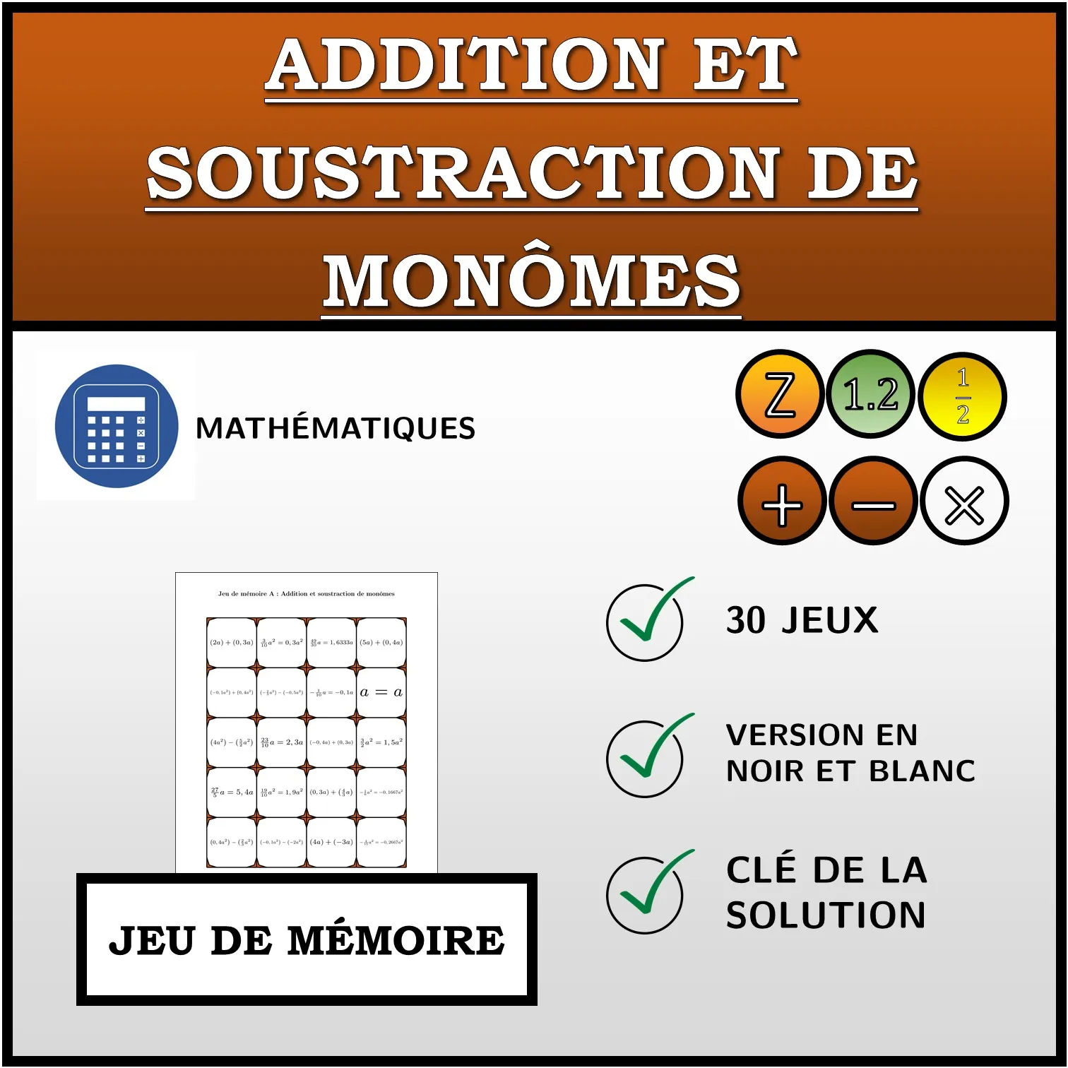 Jeu de mémoire: Addition et soustraction de monômes