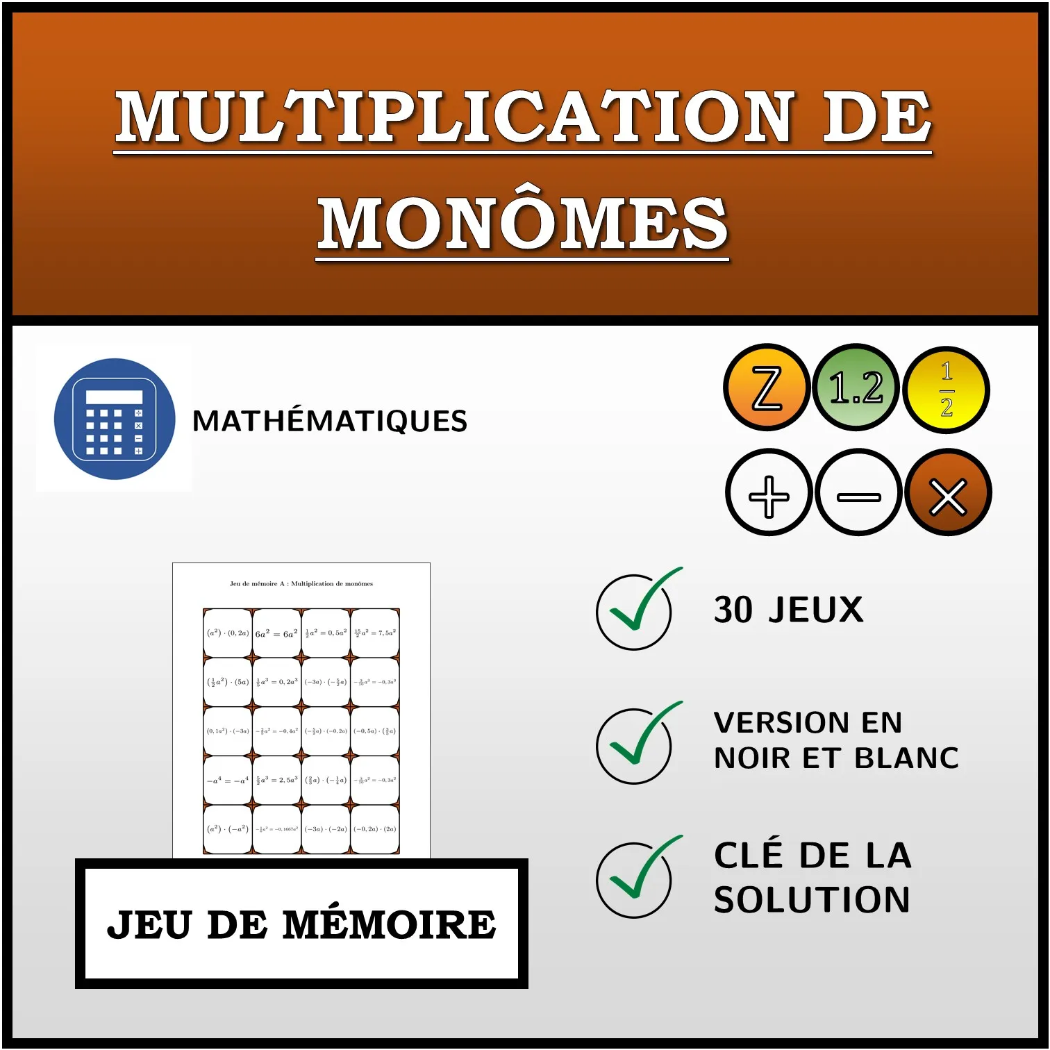 Jeu de mémoire: Multiplication de monômes