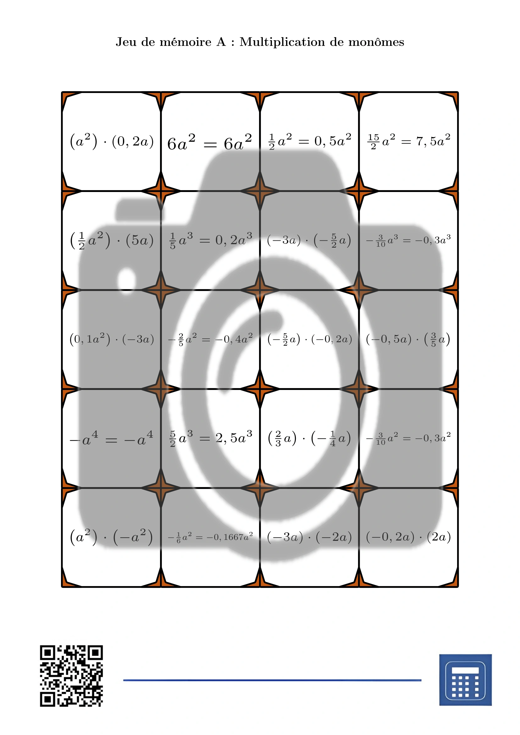 Jeu de mémoire: Multiplication de monômes – Image 2