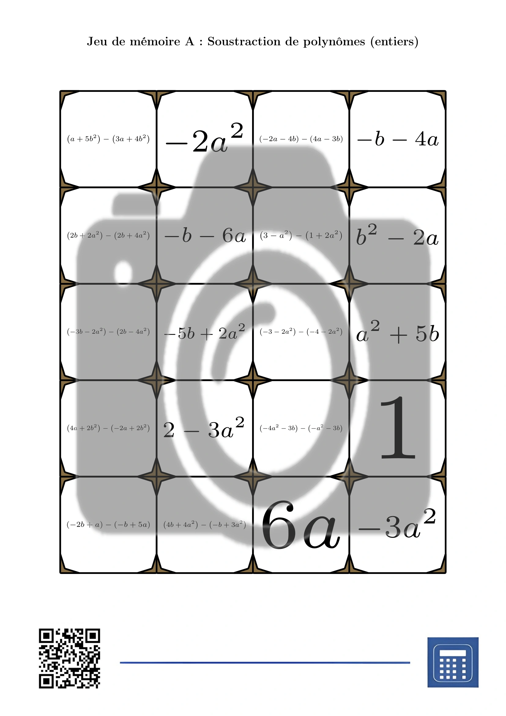 Jeu de mémoire: Soustraction de polynômes (entiers) – Image 2