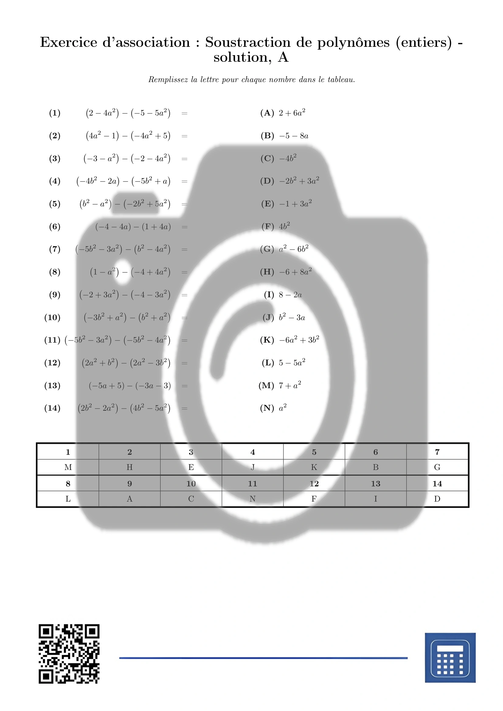 Exercice d'association: Soustraction de polynômes (entiers) – Image 3